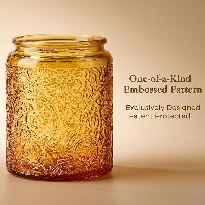 Art Secret 9-Pack 8oz Embossed Glass Candle Jars with Lids and Labels - Sun Moon Stars Design (Orange)