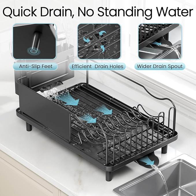 Stainless Steel Dish Drying Rack - Large Capacity Dish Rack for Kitchen Counter with Drain Board, Rustproof Dish Drainer with Drain Spout, Utensil Holder & Glass Holder, Dinnerware Organizer, Black