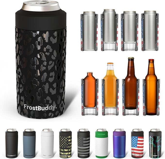 Frost Buddy Universal Buddy Can Cooler - Fits All - For Regular 12 & 16 oz or Slim-Size Bottles - Insulated Double-Walled Stainless Steel (Black Leopard)