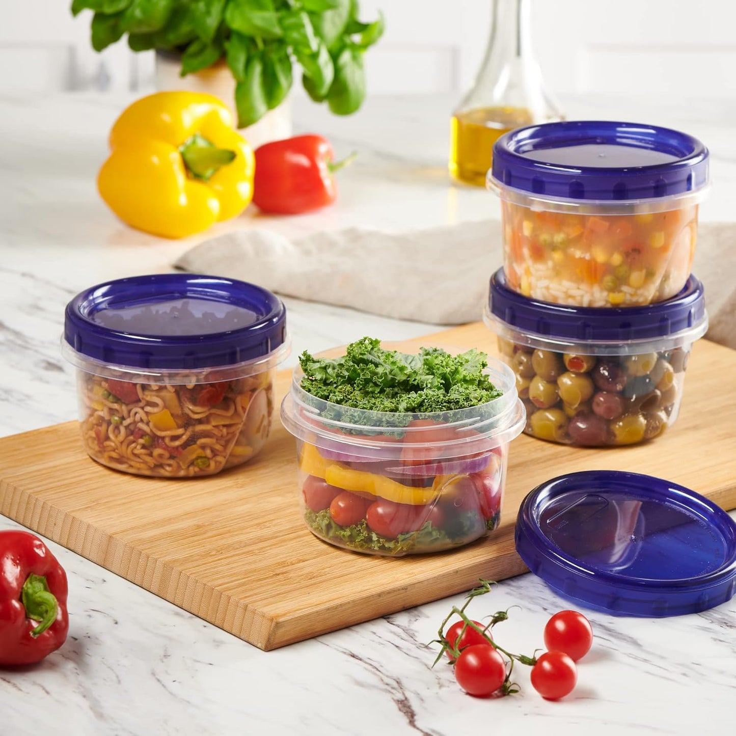 PLASTICPRO 12 Pack Twist Cap Food Storage Containers with Blue Screw on Lid- 16 oz Reusable Meal Prep Containers - Freezer and Microwave Safe Blue Plastic Food Storage