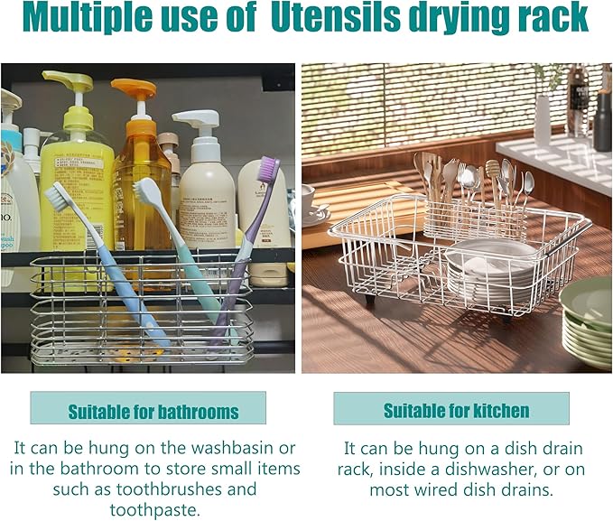 NiuYichee 304 Stainless Steel Utensil Holder, Dish Drying Rack, kitchen Utensil Organizer, Knife and Fork Drainage Rack, Kitchen Drainage Basket Accessories, With Hooks, Rust Proof, Color-Silver