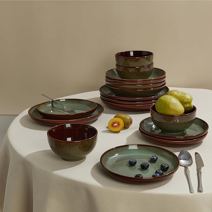 Pokini 16 Piece Double Bowl Dinnerware Sets with Pasta Bowls, Highly Chip and Crack Resistant Plates and Bowls Sets, Natural Earthyware Ceramic Dishware Sets, Service for 4 Sage Green
