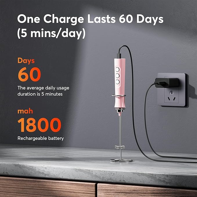 FoodVille MF02 Rechargeable Milk Frother Handheld Foam Maker with Stainless Whisk for Cappuccino, Latte, Bulletproof Coffee, Keto Diet, Protein Powder, Matcha (Coral Pink)