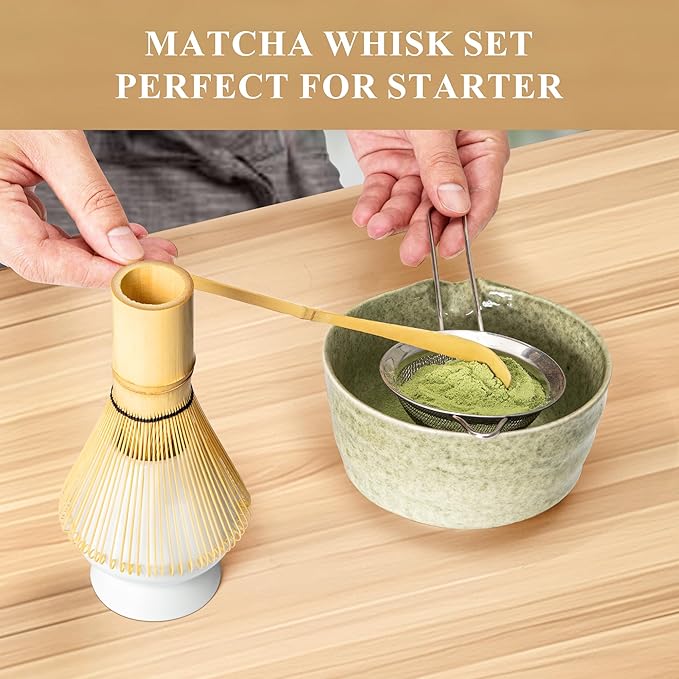Matcha Whisk Set, Matcha Making Kit Whisk (Chasen Holder), Ceramic Whisk Holder (White), Bamboo Scoop, Powder Starter Sifter, Spoon Japanese Tea Tools For Ceremony Gift