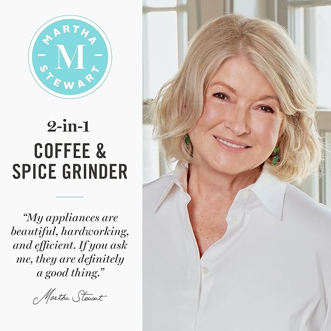 Martha Stewart Electric Coffee & Spice Grinder, Dual 2.5oz Removable Bowls, Storage Lids, Stainless Steel Blades, One Touch Pulse Control, 2-in-1 Compact, Beans & Spices, Herbs & Nuts, Indigo Blue