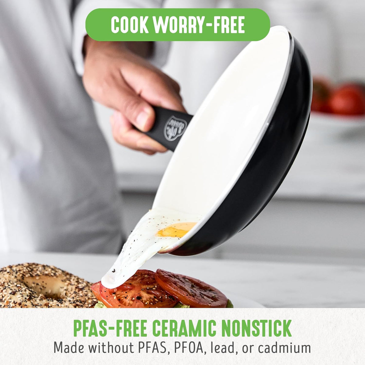 GreenLife 16 Piece Nonstick Cookware Set, Soft Grip Non-Toxic PFAS-Free Ceramic Pots & Pans, Dishwasher & Oven Safe, Frying, Sauce, Utensils, Glass Lids, Stay-Cool Handles, Wobble Free, Black & Cream