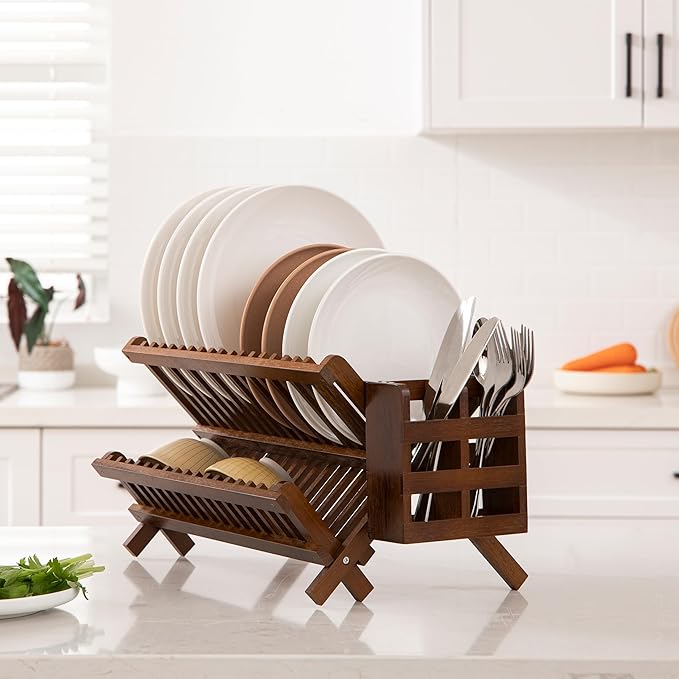HBlife Dish Rack,Teak Folding 2-Tier Collapsible Drainer Dish Drying Rack with Utensils Flatware Holder Set (Dish Rack with Utensil Holder)