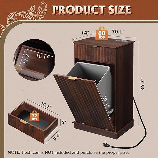 WLIVE 10 Gallon Tilt Out Trash Can Cabinet, Hidden Trash Can Cabinet with 2 AC+ USB Outlets, Storage Drawer, Food/Clothes Storage Pet Proof Kitchen Trash bin Cabinet for Home, Launday (Brown)