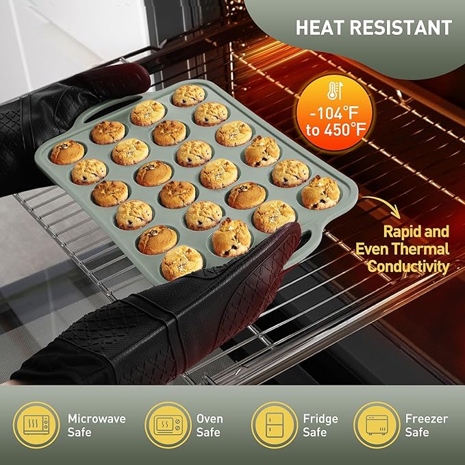 Socisen 24 Cups Silicone Muffin Pan with Metal Reinforced Frame Mini Size Cupcake Pan Tray Egg Bites Silicone Circle Cookie Molds Little Small Muffin Tin Tart Pans Baking Sheet Set for Sandwiches