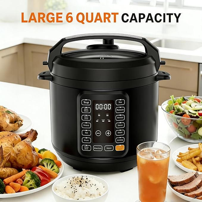 HealSmart 6QT Electric Pressure Cooker, 16-in-1 & Non-Stick Stainless Steel Multi Cooker with 12 Presets for Slow Cook, Meat Stew, Steam, Sauté, Canning, Yogurt Maker, Dishwasher Safe, Black