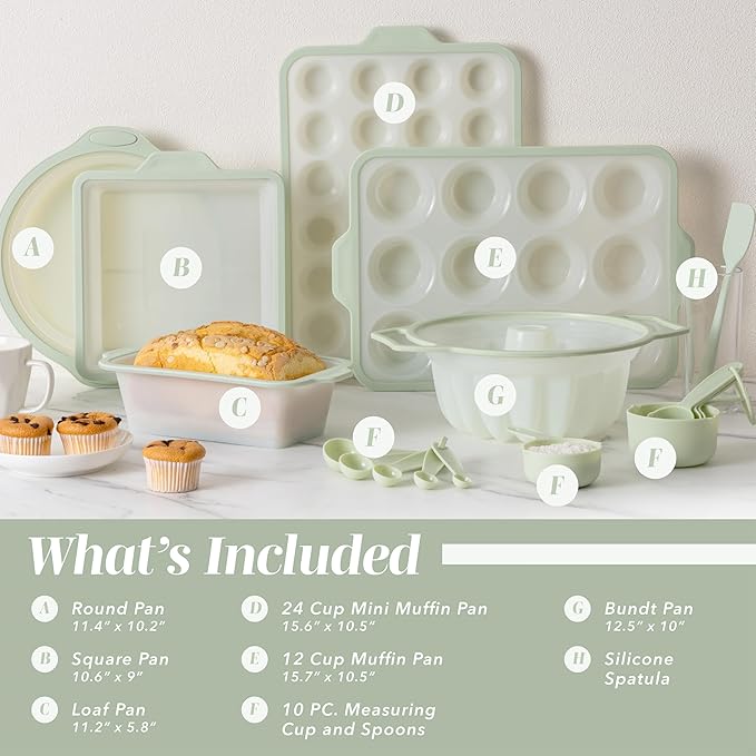 COOK WITH COLOR 17 Pc. Silicone Baking Pan Set - Non-Stick & Easy Clean Silicone Muffin Pans for Baking with Sturdy Metal Frame for Stability, Flexible Cake Molds, Includes Measuring Cups and Spoons