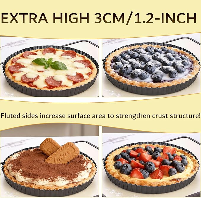 9 Inch Tart Pan with Removable Bottom, Quiche Pan Carbon Steel Heavy Duty Nonstick Pie Pan- Fluted Edges Loose Bottom, Extra Hgh 1.2-Inch Depth for Baking Fruit Tarts, Pies
