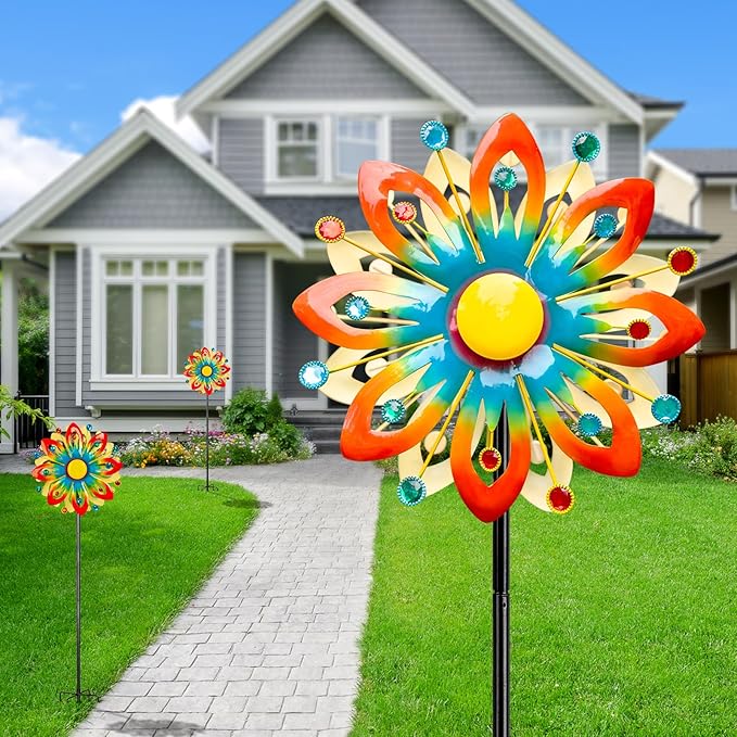 Solar Wind Spinner Outdoor Metal Garden Decor – 60.63'' Kinetic Flower Sculpture with Color-Changing LED Crackle Glass Ball & Gemstone, Waterproof Wind Catchers for Patio, Yard, Lawn Art Decoration