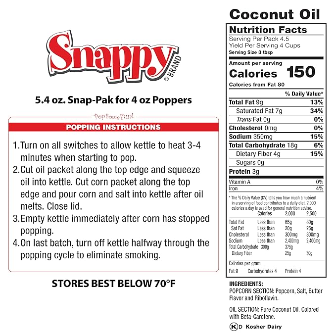 Snappy Snap-Paks All in One Popcorn Portion Packets for 4 oz Popping Machine, Kernels, Oil, and Salt, 24 Count