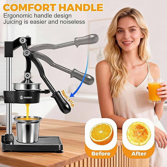 Cast Iron Juicer, Manual Citrus Press, Heavy Duty Hand Press Fruit Squeezer with Stable Base & Maximum Juice Yield for Orange Lemon Lime Pomegranate, Black