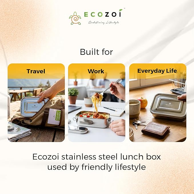 ecozoi Stainless Steel Lunch Box, Leak Proof 1 Tier Eco Metal Bento Box | Bonus Pod And Redesigned Silicone Seal | Sustainable Zero Waste Eco Friendly Food Storage Container