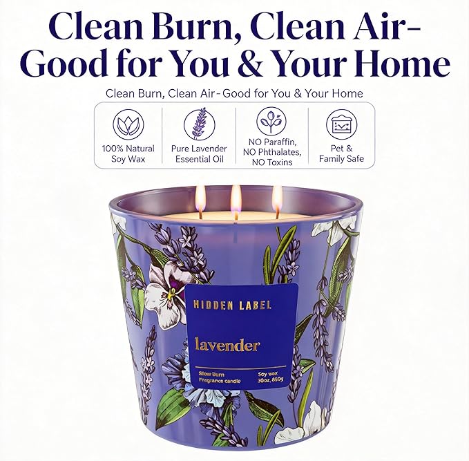 Extra Large Lavender Scented Candle, 30oz,3 Wick Natural Soy Wax Candle for Home, 100 Hours Long Lasting Clean Burn, Essential Oil Aromatherapy for Stress Relief, Sleep & SPA, Large Jar Candle Gift