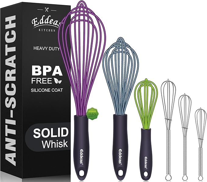 Whisk Eddeas Silicone Whisk Set of 6.Silicone whisks for cooking non Scratch.BPA Free and Dishwasher Whisk.7+9+11inch Colorful Wisk Great for cooking and Baking.（6pcs ）
