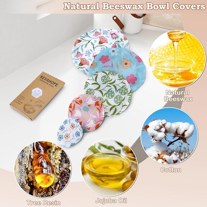 5-Size Reusable Beeswax Bowl Covers for Bread Proofing, Cotton Cloth Flexible Beeswax Wraps for Food Storage(Bellflower)