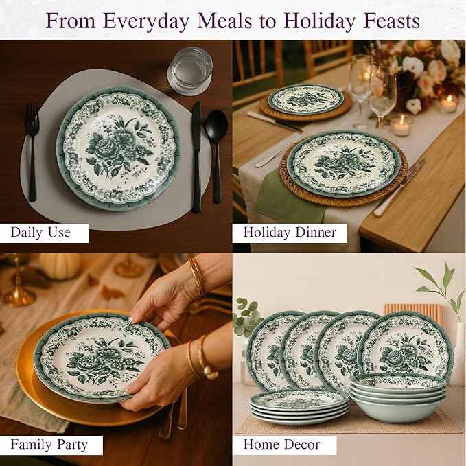 TUDOR ROYAL 12-Piece Porcelain Round Dinnerware Set, Service for 4, VICTORIA Green Design, Blue Floral, Plates Bowls Dishes, Premium Quality Tableware, Unique Pattern, Glossy