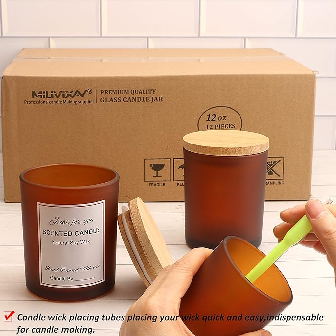 MILIVIXAY 12 Pack 12 OZ Frosted Amber Glass Candle Jars with Lids and Candle Making Kits - Bulk Empty Candle Jars for Making Candles - Spice, Powder Containers.