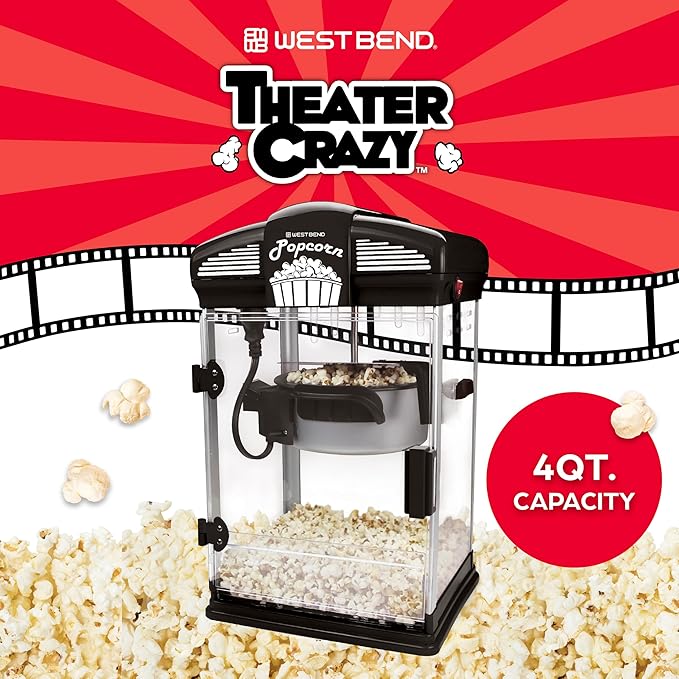 West Bend Stir Crazy Movie Theater Popcorn Popper, Gourmet Popcorn Maker Machine with Nonstick Popcorn Kettle, Measuring Tool and Popcorn Scoop for Popcorn Machine, 4 Qt., Black