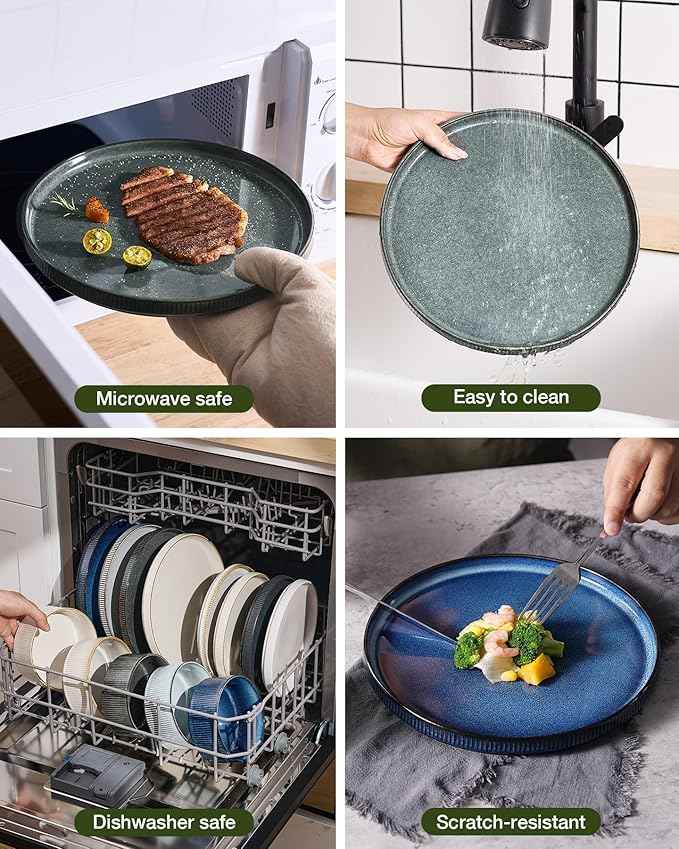 Famiware Star Stoneware Dinnerware Sets for 4 (16pcs), Chip and Scratch Resistant, Microwave & Dishwasher Safe Complete Dishes, Pasta Bowl, Cereal Bowl, Dinner Plate, Salad Plate, Ribbed, Deep Forest