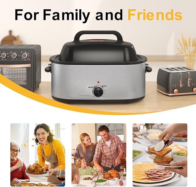 RoyalCraft 22-Quart Electric Roaster Oven with Visible Self-Basting Lid, Turkey Roaster Oven with Removable Pan and Rack, Perfect for Large Meals and Holiday Feasts, Silver