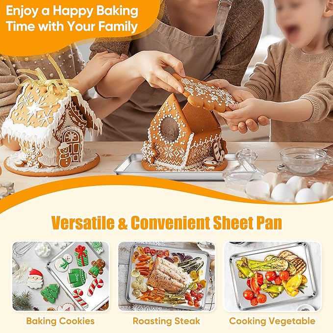 Homikit 1 Pack Quarter Sheet Pan, 9x13 Inches Stainless Steel Cookie Sheets for Baking Non Stick, Metal Baking Sheet Fits Toaster Oven, Bacon Pan Non Toxic & Rust Free, Dishwasher Safe