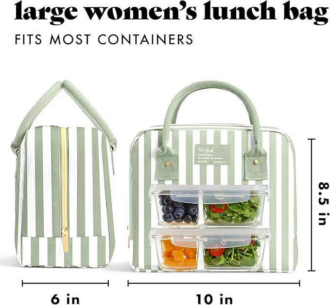 Fit & Fresh Bloomington Lunch Bag for Women - Insulated Large Lunch Box for Work with Containers, Leak-Resistant, Stain-Resistant, Zipper Closure, Thick Stripe Sage