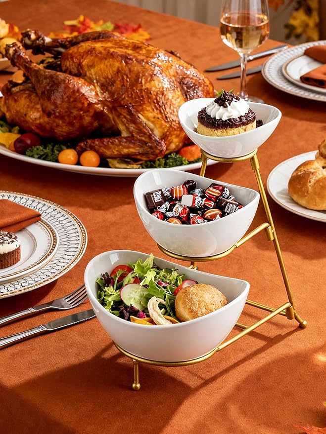 Miamolo 3 Tier Serving Bowls with Stand, Chips and Dip Serving Dishes Set for Entertaining Party, Ceramic Fruit Bowl for Salad Soup Snacks, Microwave & Dishwasher Safe