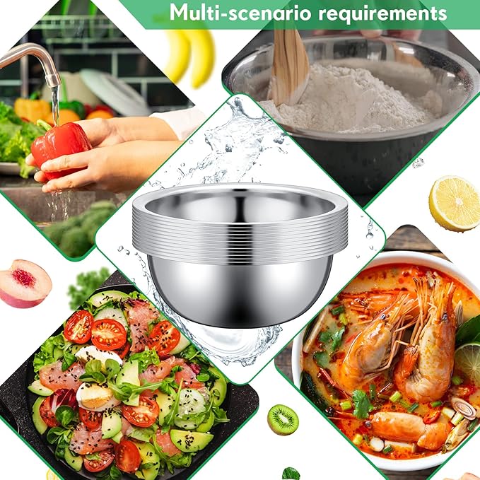 Pinkunn 12 Pcs Stainless Steel Mixing Bowls, Nesting Metal Salad Prep Bowls Bulk Reusable Baking Food Container Large Medium Small for Kitchen Hotel Restaurant Cooking, Silver (9.45 x 3.15 Inch)