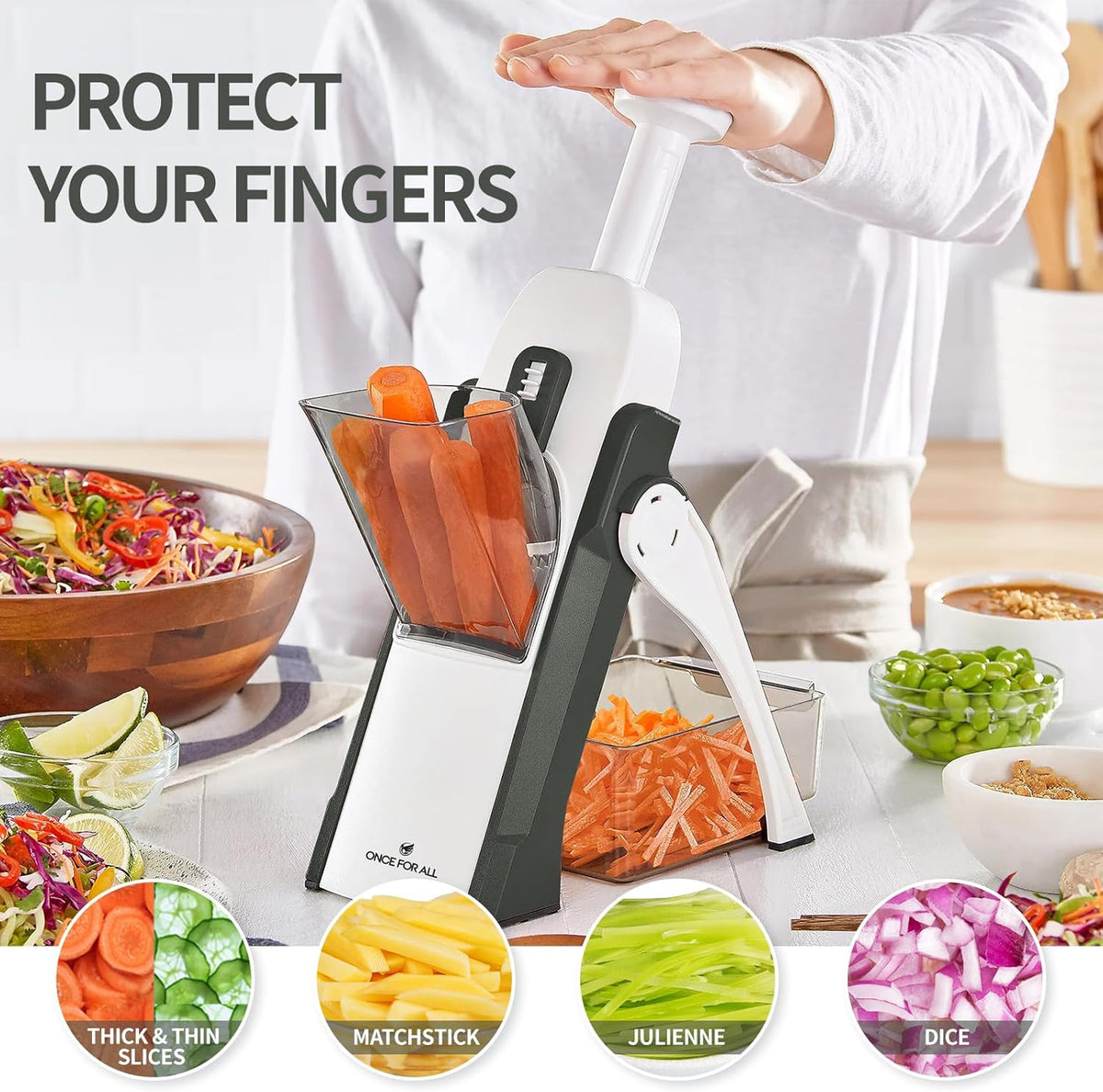 ONCE FOR ALL Upgrade Safe Mandoline Slicer Plus, Adjustable Vegetable Food Chopper Potato Fries French Fry Cutter, Detachable Blade, Kitchen Chopping Artifact, New Kitchen Gift (DarkGray)