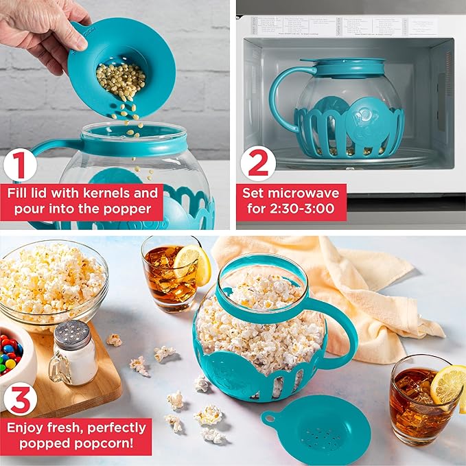 Ecolution Patented Micro-Pop Microwave Popcorn Popper with Temperature Safe Glass,3-in-1 Lid Measures Kernels and Melts Butter,Made Without BPA,Dishwasher Safe,3-Quart,Teal,(Pack of 4)