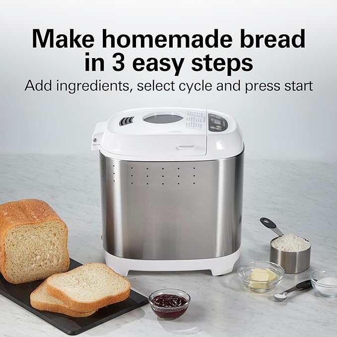 Hamilton Beach Digital Electric Bread Maker Machine Artisan and Gluten-Free, 2 lbs Capacity, 14 Settings, White and Stainless Steel (29987)