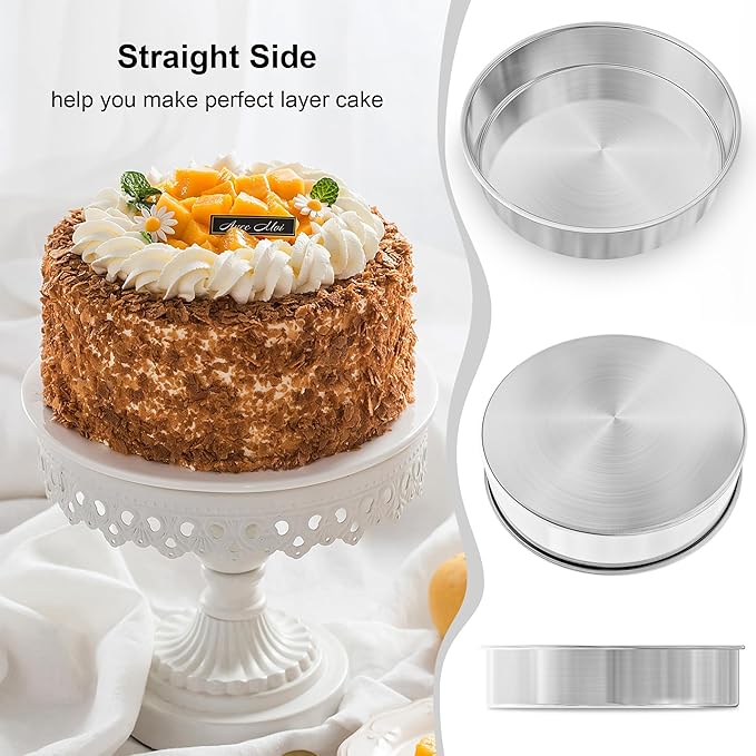 9½ Inch Cake Pan Set of 2, Nonstick Circle Stainless Steel Round Layer Cake Baking Pans Tins with 100PCS Parchment Paper for Birthday Christmas, Healthy & Non-Toxic, Silicone Spatula & Dishwasher Safe