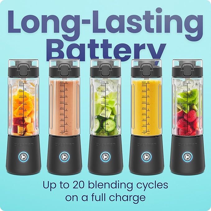 Chefman Cordless Portable Blender for Smoothies and Shakes, BPA-Free 16 oz Blending Jar w/Stainless-Steel Blades, USB-C Rechargeable with Color-Changing LEDs, Dishwasher-Safe Accessories - Black