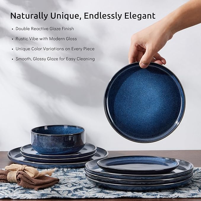 E-far 18-Piece Plates and Bowls Set, Dinnerware Sets for 6, Reactive Glaze Stoneware Dishes Dinning Ware, Microwave & Dishwasher Safe - Deep Sea Blue