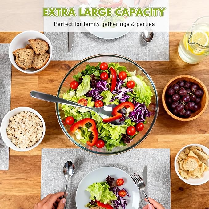 Greentainer Large Glass Salad Bowl with Stainless Steel Fork and Spoon, 144OZ Salad Serving Bowl for Kitchen, 4.5QT Glass Mixing Bowl for Cooking, Baking, Prepping, Dishwasher & Microwave Safe