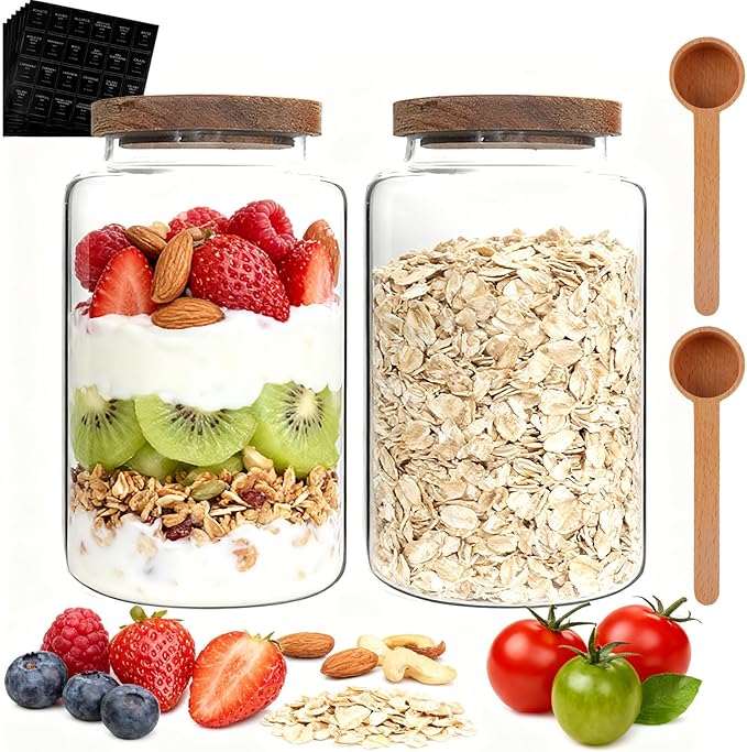 Glass Coffee Jar with Wood Lids Spoon Labels Clear Coffee Ground Canister set of 2,Borosilicate Glass Food Containers for Spice Cookies Sugar Tea Bar (2800ml/94oz-2 pack-with spoon)