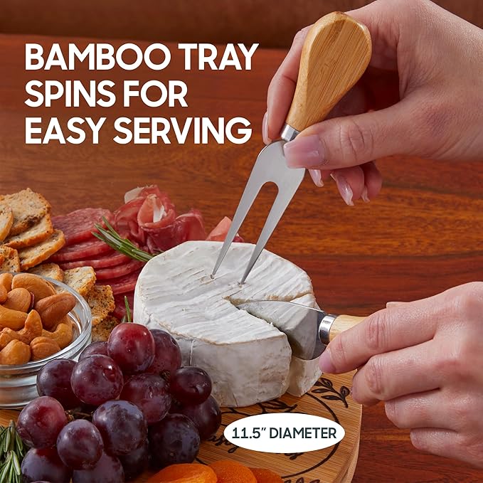 Hammer + Axe Premium Serving Bundle - Rotating Bamboo Charcuterie Serving Tray with Food Labels & 3 Cheese Tools| Acacia Wood Cheese Board with Knife & Fork| Dinner Party & Housewarming Gift Set