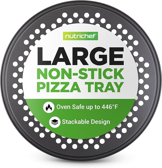 NutriChef 12.8 Inch Nonstick Pizza Pan for Oven - Carbon Steel Pizza Baking Tray with Airflow Holes - Premium Bakeware for Fresh & Frozen Pizza, Dishwasher Safe - Gray