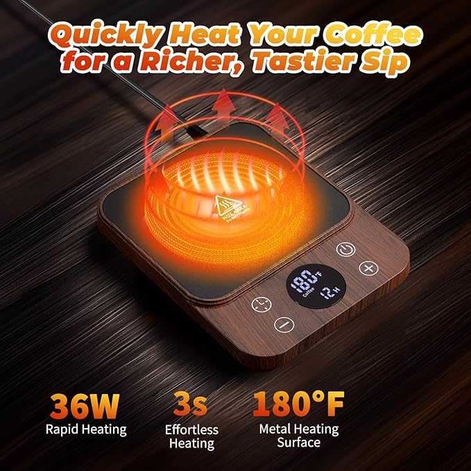 Cup Warmer for Coffee - Fastest Heating & Highest Temperature, Coffee Mug Warmer for Desk Auto Shut Off, 1-12h Timer for Scheduled Start, Electric Beverage Warmer for Coffee (Woodgrain, NO Cup)