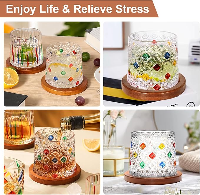 Rotatable Old Fashioned Glass, 275ml/10oz Crystal Whiskey Glass Set of 4, Wood Coaster, Thickening, Used as Rum Glass, Cocktail Cup, Coffee Cup, Milk Cup to Relax and Reduce Stress, Christmas gifts