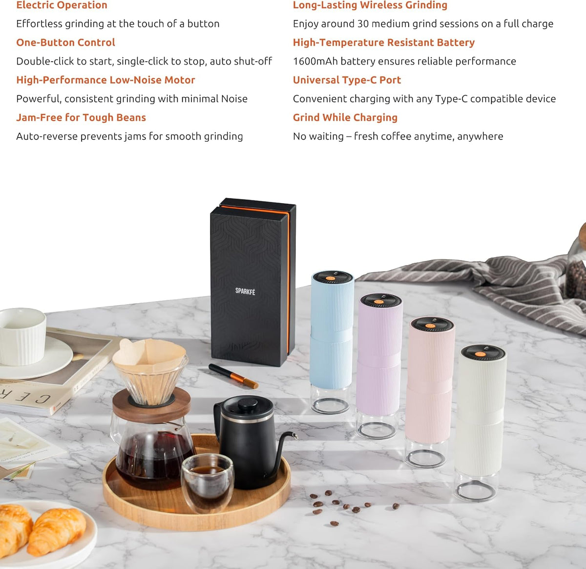 Portable Electric Coffee Grinder, Rechargeable Handheld Grinder with Stainless Steel Conical Burr, Adjustable Grind Settings, for Espresso, Moka, Pour Over, French Press, Cold Brew, Lilac