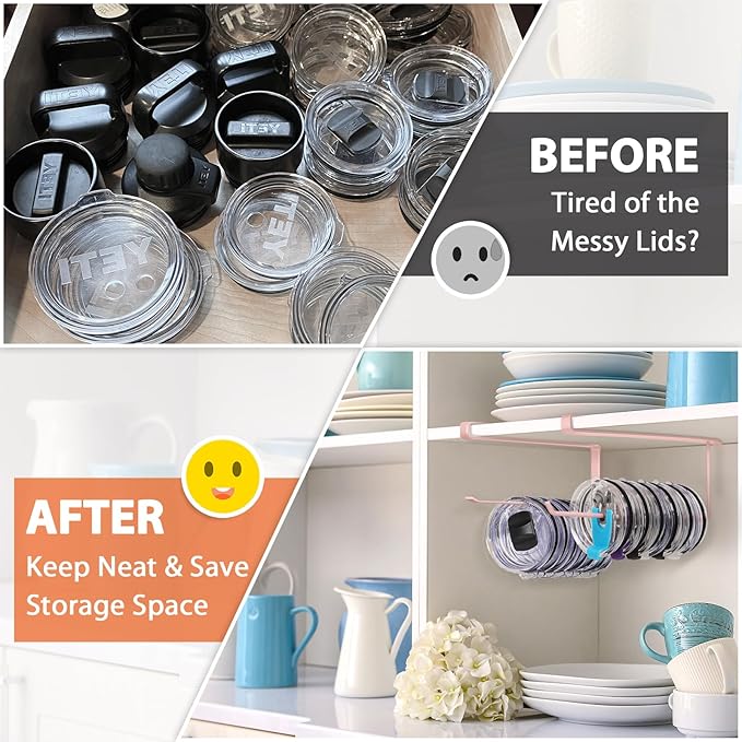 2 Pack Tumbler Lid Organizer, Horizontal Tumbler Lid Storage Hook Up to 20 Lids, Space Saving Cup Lid Holder Under Cabinet Tumbler Lid Hook for Kitchen Organizer, Paper Towel Hanger(Round&Flat, Pink)