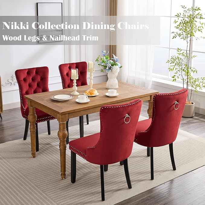 Velvet Dining Chairs Set of 6, Upholstered Dining Room Chairs with Back Ring Pull Trim and Solid Wood Legs,Tufted Wingback Kitchen Chairs for Dining Room,Kitchen(Wine Red)