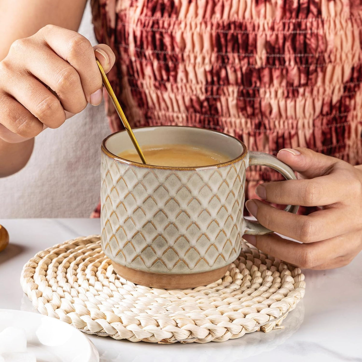GBHOME 12OZ Stackable Coffee Mugs, Ceramic Coffee Mugs with Texture Patterns for Man,Woman,Dad,Mom, Modern Coffee Mugs Set of 4 for Latte/Cappuccino/Cocoa. Dishwasher&Microwave Safe, Pale Khaki
