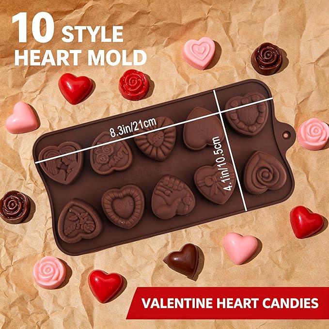 2 Pack 10-Design Love Rose Heart Silicone Molds Non-Stick Food Grade Easy Release for Chocolate Candy Gummy Ice Cubes Soap Perfect for Valentine's Day DIY Gifting