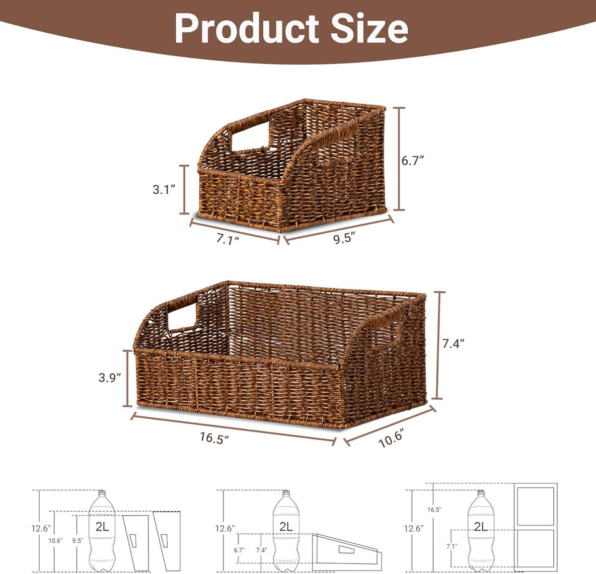 Wicker Baskets for Organizing,Pantry, Kitchen Counter with Handles, Handwoven Woven Storage Baskets for Fruit, Bread, Vegetable, Waterproof Plastic Storage Bins for Shelves, 3 Pack, Brown